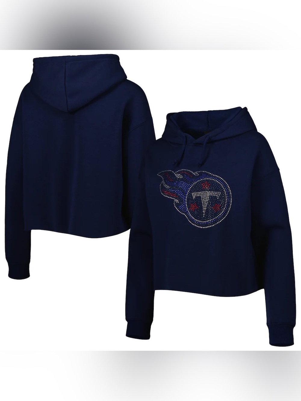 Tennessee Titans Cuce Women's Crystal Logo Cropped Pullover Hoodie - Navy